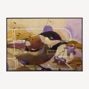 Poster met graffiti kunst van twee kleurrijke vogels. De dominante kleuren zijn geel en paars. Prachtige street art wanddecoratie voor in huis.