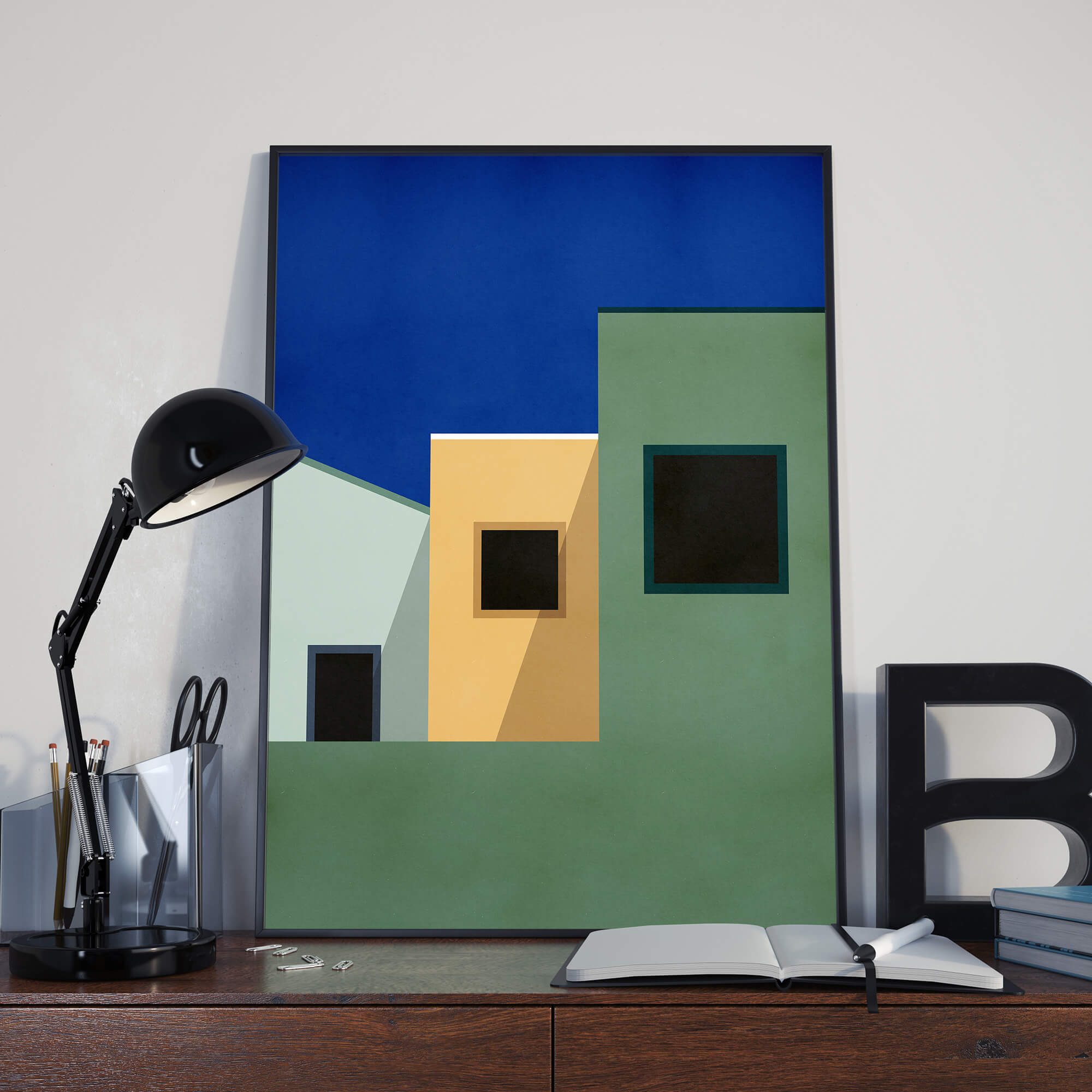 Drie Kleurrijke Huizen - Abstracte Poster