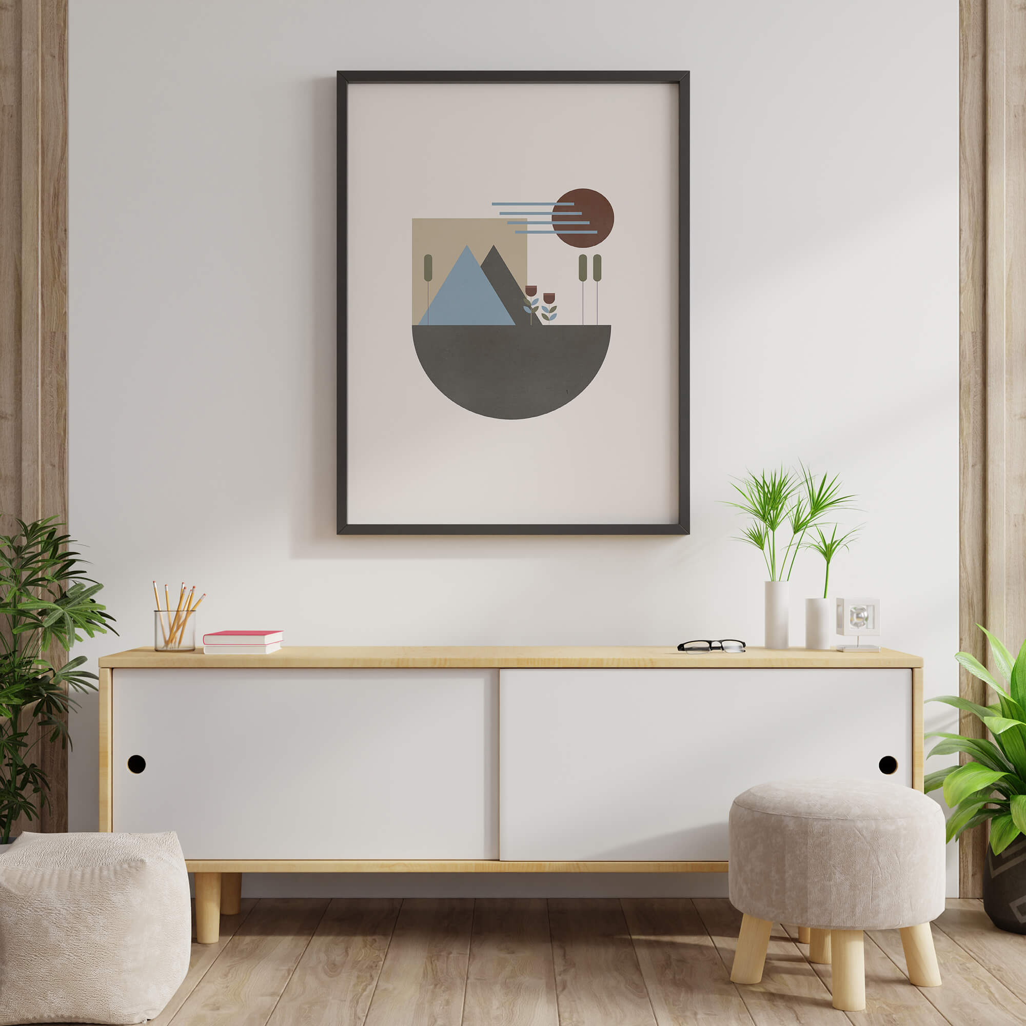 Abstract geometrische poster met berglandschap