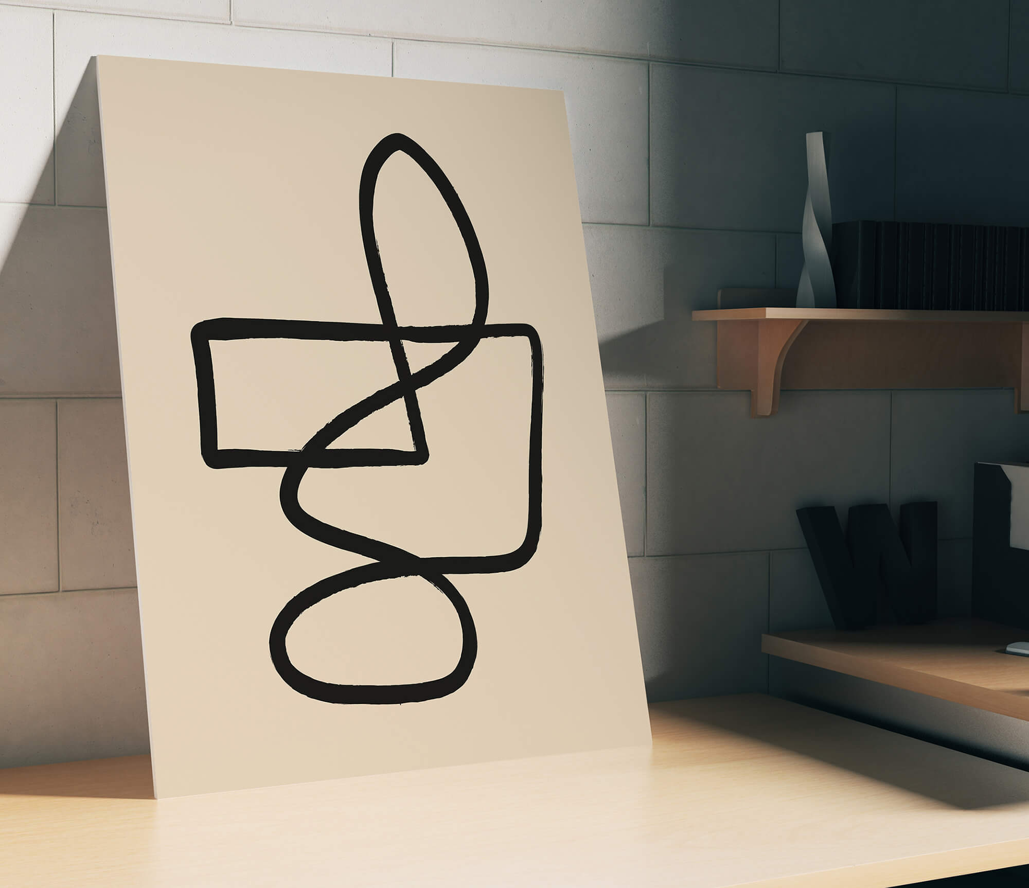 abstracte beige poster met zwarte lijntekening